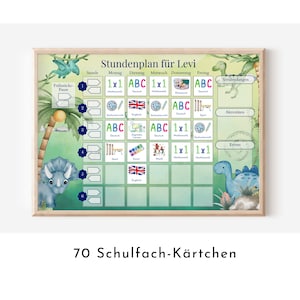 Stundenplan "Dinos" mit 70 Schulfach Kärtchen, personalisiert Grundschule Schulanfang Geschenk, laminiert magnetisch, Geburtstag Einschulung
