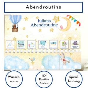 Abendroutine für Kindergarten Kinder, personalisiert, 20 Routinekarten, mit Wochenplan kombinierbar, Montessori Routineplan "Bär im Ballon"