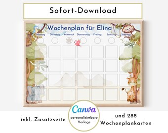 Wochenplan mit 288 Kärtchen, mit Namen personalisierbar, Sofort-Download, Kinder Geschenk "Urwald"