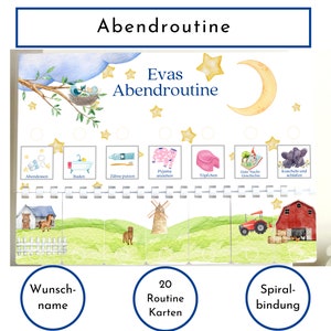 Abendroutine "Bauernhof" für Kinder, personalisiert, doppelseitig bedruckt, flexible Routine mit 20 Abendroutine Karten, mit Spiralbindung