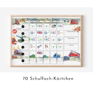 Stundenplan "Autos und Laster" 70 Schulfach Kärtchen, personalisiert für die Grundschule, laminiert, magnetisch, Geschenkidee Einschulung