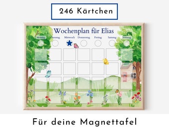 Magnetboard Wochenplan "Garten" personalisiert für Kinder und Teenager, 246 Routine Karten, 40-80 Neodym-Magnete, Montessori Routineplan