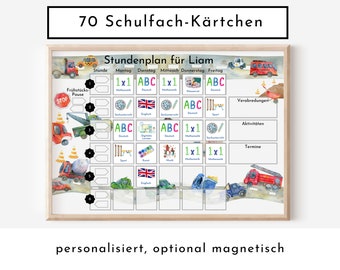 Stundenplan "Autos und Laster" 70 Schulfach Kärtchen, personalisiert für die Grundschule, laminiert, magnetisch, Geschenkidee Einschulung
