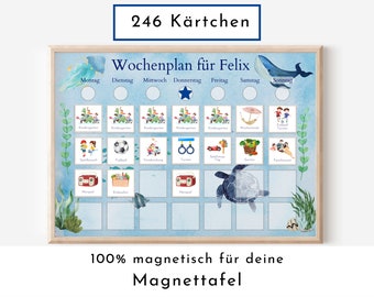 Magnetboard Wochenplan für Kinder und Teenager, Tagesplan mit 246 Routine Karten, Neodym-Magnete, Routineplan "Meerestiere"