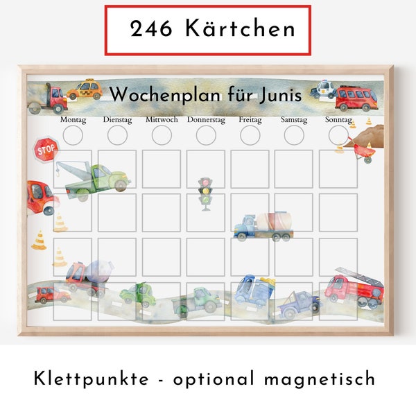 Personalisierter Wochenplan "Autos und Laster" für Kinder, 246 Routine Karten, laminiert, magnetisch, Montessori Routineplan mit Bildkarten