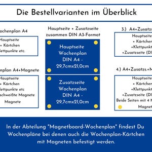 Puede incluir: Un gr&aacute;fico con cuatro opciones diferentes para pedir planificadores semanales. Las opciones incluyen un planificador de tama&ntilde;o A4 est&aacute;ndar, un planificador con imanes, un planificador con una hoja adicional y un planificador con una hoja adicional e imanes. El gr&aacute;fico est&aacute; en alem&aacute;n e incluye las dimensiones de los planificadores en cent&iacute;metros.