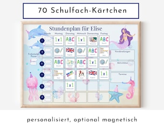 Stundenplan "Meerjungfrau"  mit 70 Schulfach Kärtchen, personalisiert für die Grundschule, laminiert, magnetisch, Geschenkidee Einschulung