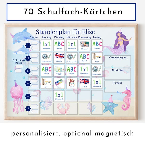 Stundenplan "Meerjungfrau"  mit 70 Schulfach Kärtchen, personalisiert für die Grundschule, laminiert, magnetisch, Geschenkidee Einschulung