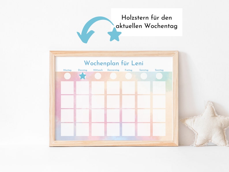 Puede incluir: Un cuadro semanal de tareas enmarcado con un fondo de acuarela en tonos rosa, naranja y azul. El cuadro est&aacute; etiquetado como "Wochenplan f&uuml;r Leni" y tiene espacios para cada d&iacute;a de la semana. Una estrella azul se coloca en el espacio del martes. Una flecha azul apunta a una estrella sobre el cuadro, con el texto "Holzstern f&uuml;r den aktuellen Wochentag".