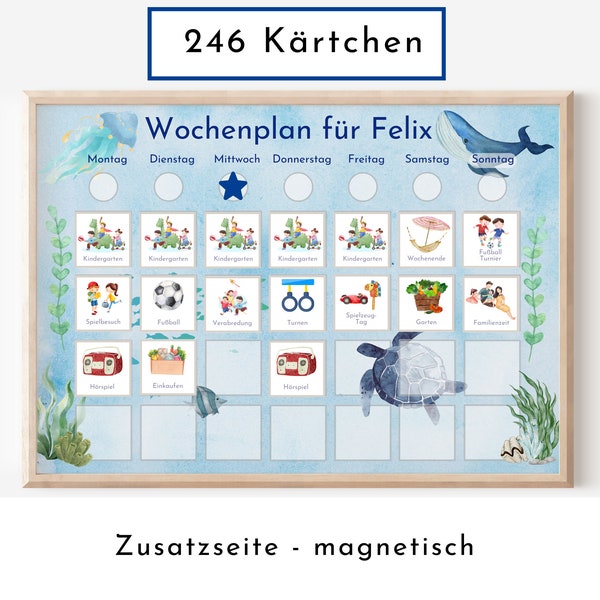 Personalized weekly plan "Whale and Sea" according to Montessori for children with 246 routine cards, routine plan with picture cards
