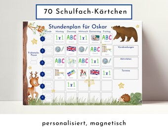 Timetable with 70 school subject cards, personalized for elementary school, wipeable laminated magnetic, gift for school enrollment "Bear"