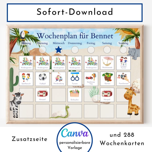 Wochenplan "Safari" mit 288 Routine Kärtchen, personalisierbar, PDF Sofort-Download Canva, Montessori Routineplan von Familie Nordstern