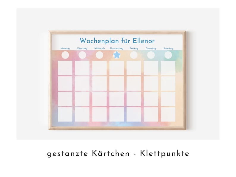 Puede incluir: Un planificador semanal colorido con un fondo de acuarela pastel. El planificador est&aacute; etiquetado como "Wochenplan f&uuml;r Ellenor" y tiene una estrella en el jueves. El planificador tiene siete columnas para cada d&iacute;a de la semana y seis filas para actividades. El texto "gestanzte K&auml;rtchen - Klettpunkte" est&aacute; en la parte inferior del planificador.
