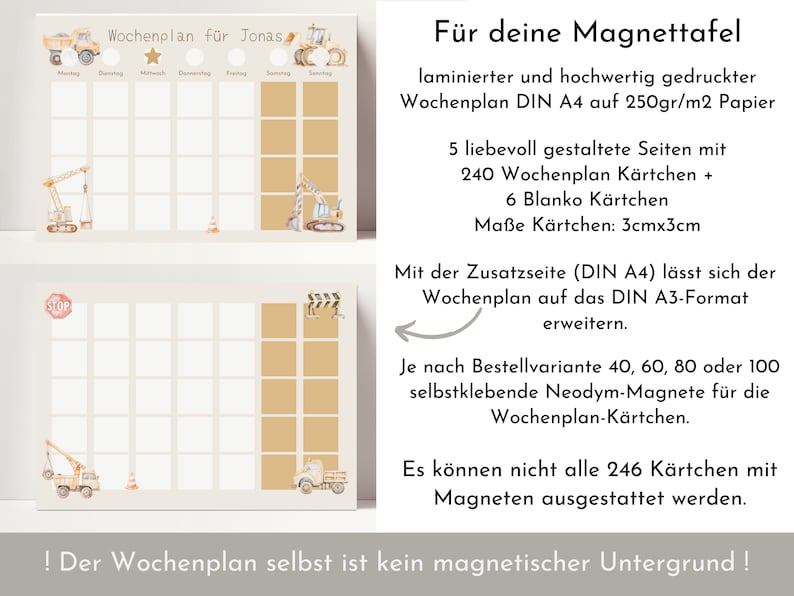 Magnetboard Wochenplan Baustelle personalisiert für Kinder, 246 Routine Karten, Magnete, Montessori Routineplan von Familie Nordstern Bild 2