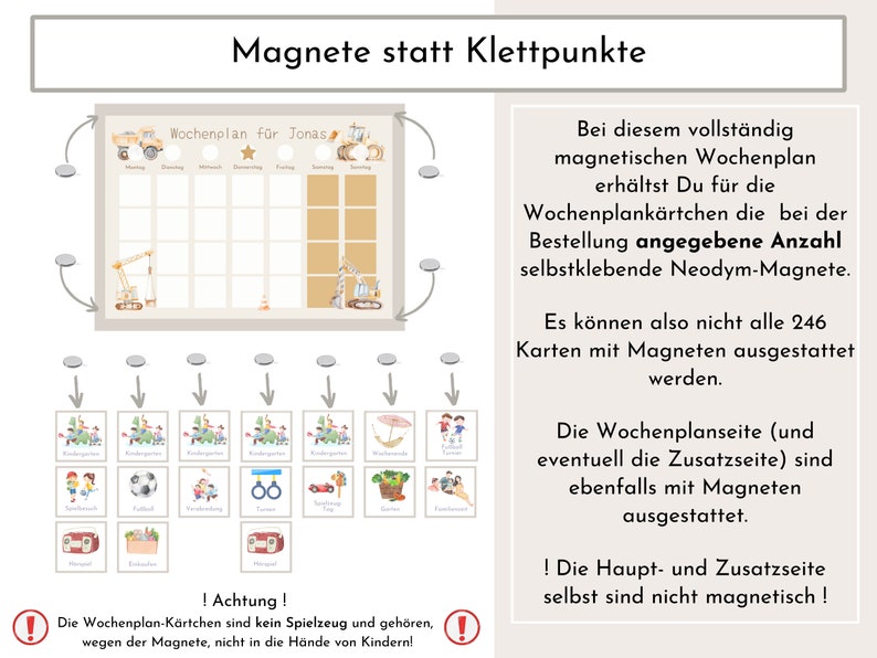Magnetboard Wochenplan Baustelle personalisiert für Kinder, 246 Routine Karten, Magnete, Montessori Routineplan von Familie Nordstern Bild 7