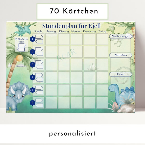 Stundenplan mit 70 Schulfach Kärtchen, personalisiert Grundschule Schulanfang Geschenk, laminiert magnetisch, Geburtstag Einschulung "Dinos"