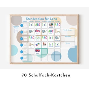 Stundenplan mit 70 Schulfach Kärtchen, personalisiert für die Grundschule, laminiert magnetisch, Geschenkidee Einschulung "Kreise Strand"