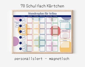 Stundenplan mit 70 Schulfach Kärtchen, personalisiert für die Grundschule, laminiert magnetisch, Geschenk Einschulung "Bunte Kreise"