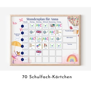 Stundenplan mit 70 Schulfach Kärtchen, personalisiert, Grundschule,  abwischbar laminiert magnetisch, Geschenk Einschulung "Heissluftballon"