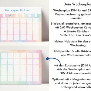 Puede incluir: Un planificador semanal colorido con un fondo de acuarela pastel. El planificador est&aacute; dise&ntilde;ado para un ni&ntilde;o llamado Leni e incluye una estrella, c&iacute;rculos y los d&iacute;as de la semana. El planificador est&aacute; impreso en papel de 250 g/m&sup2; y laminado. Incluye 240 tarjetas de tareas, 6 tarjetas en blanco y una peque&ntilde;a estrella de madera para el d&iacute;a actual. Las tarjetas miden 3 cm x 3 cm y tienen puntos adhesivos para sujetarlas al planificador.