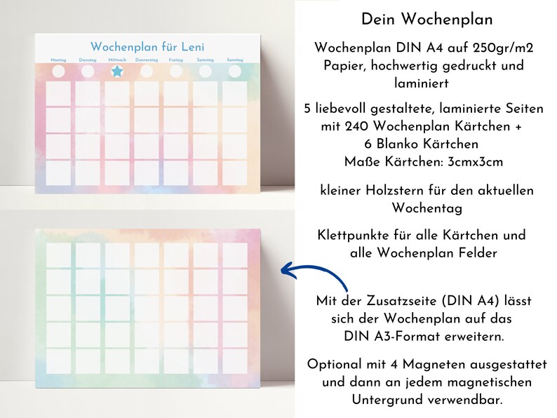 Puede incluir: Un planificador semanal colorido con un fondo de acuarela pastel. El planificador est&aacute; dise&ntilde;ado para un ni&ntilde;o llamado Leni e incluye una estrella, c&iacute;rculos y los d&iacute;as de la semana. El planificador est&aacute; impreso en papel de 250 g/m&sup2; y laminado. Incluye 240 tarjetas de tareas, 6 tarjetas en blanco y una peque&ntilde;a estrella de madera para el d&iacute;a actual. Las tarjetas miden 3 cm x 3 cm y tienen puntos adhesivos para sujetarlas al planificador.
