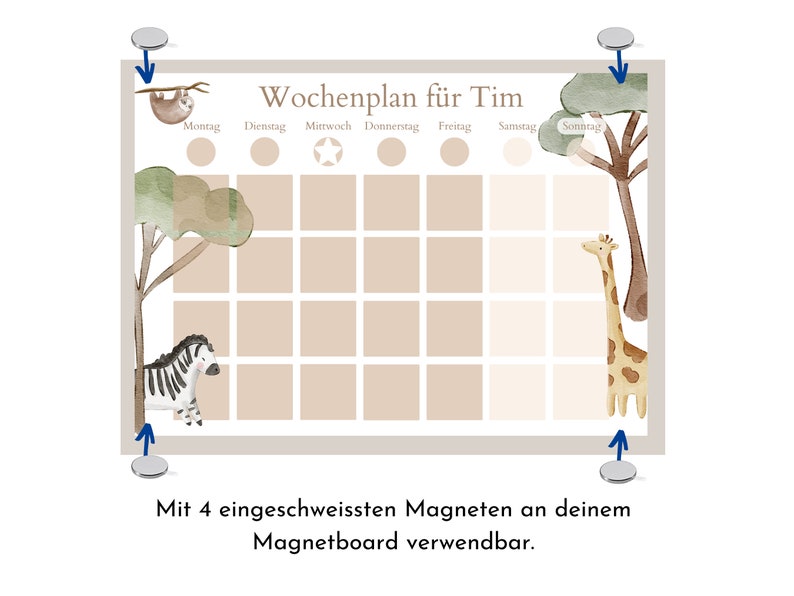 May include: A weekly planner with a jungle theme. The planner has a beige background with a grid of squares for each day of the week. The days of the week are labeled in German. The planner has a sloth, zebra, and giraffe illustrations. The planner has four magnets on the back.