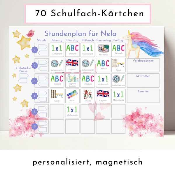 Stundenplan mit 70 Schulfach Karten für Grundschüler, personalisiert laminiert abwischbar magnetisch, Geschenkidee Einschulung "Einhorn"