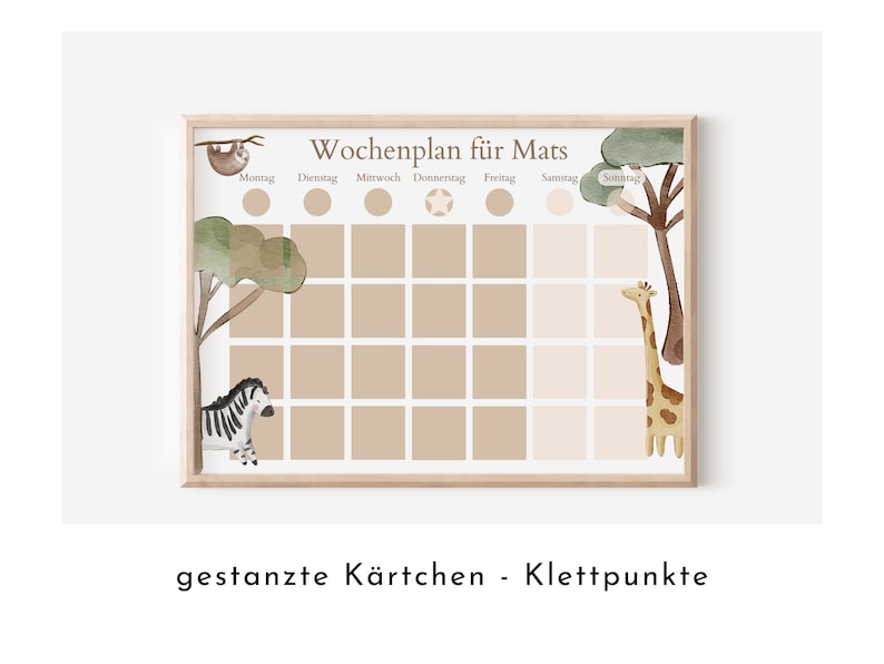 May include: A weekly planner for a child named Mats, featuring a brown wooden frame with a white background. The planner has a grid of squares with days of the week labeled in German: Montag, Dienstag, Mittwoch, Donnerstag, Freitag, Samstag, Sonntag. The planner is decorated with a sloth, a zebra, and a giraffe, all drawn in a watercolor style.