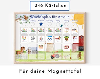 Magnetboard Wochenplan "Bauernhof" mit Name personalisiert für Kinder, 246 Routine Karten, Tagesplan mit 40-80 Magneten, Routineplan