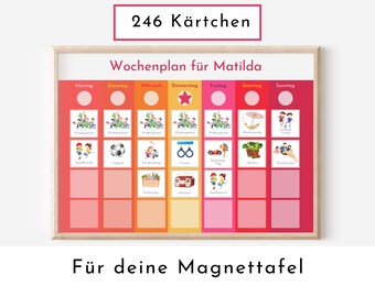 Magnetboard Wochenplan "Sonnenaufgang" personalisiert für Kinder und Teenager, 246 Routine Karten, Neodym-Magnete, Montessori Routineplan