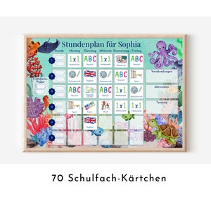 Stundenplan mit 70 Schulfach Kärtchen, personalisiert für Grundschule, laminiert abwischbar magnetisch, Geschenk Einschulung "Korallenriff"