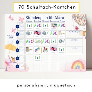 Timetable with 70 school subject cards, personalised, laminated wipeable magnetic timetable, gift for school enrollment "hot air balloon"