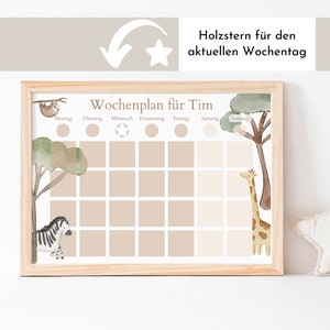 May include: A weekly chore chart for a child named Tim. The chart has a jungle theme with a sloth, zebra, and giraffe. Each day of the week has a space for a sticker or star.