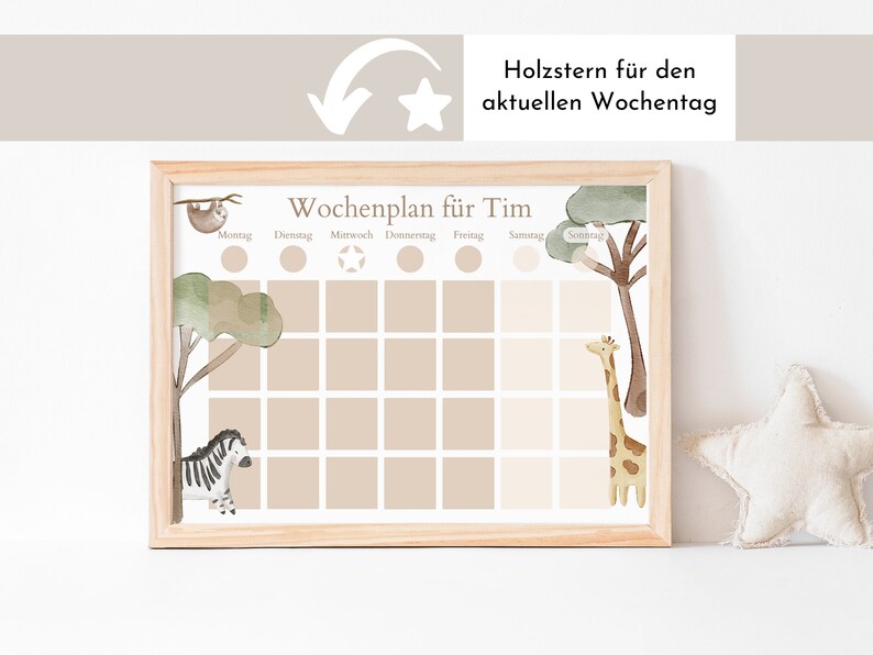 May include: A weekly chore chart for a child named Tim. The chart has a jungle theme with a sloth, zebra, and giraffe. Each day of the week has a space for a sticker or star.