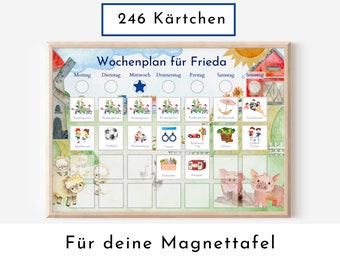 Magnetboard Wochenplan "Bauernhof" personalisiert für Kinder und Teenager, 246 Routine Karten, Neodym-Magnete, Montessori Routineplan