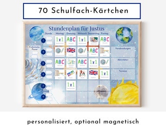 Stundenplan mit 70 Schulfach Karten, personalisiert für die Grundschule, optional magnetisch, Geschenkidee Einschulung "Milchstraße"