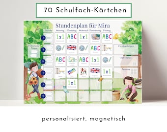 Timetable with 70 school subject cards, personalised, wipeable laminated magnetic, school enrollment gift "garden"