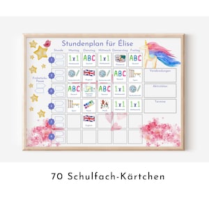 Stundenplan mit 70 Schulfach Karten für Grundschüler, personalisiert laminiert abwischbar magnetisch, Geschenkidee Einschulung "Einhorn"