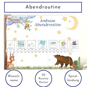 Abendroutine für Kinder, personalisiert, doppelseitig bedruckt, flexible Routine, 20 Abendroutine Karten, gebunden mit Spiralbindung, Klett