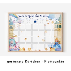 Wochenplaner mit 246 Routine Karten, personalisiert für Kinder, Geschenkidee 1. Geburtstag, laminiert magnetisch, Wochenplan "Prinzessin"