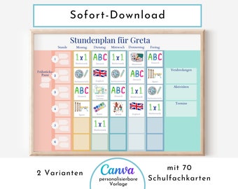 Primary school timetable for children, 70 printable school subject cards, instant download "Rainbow"