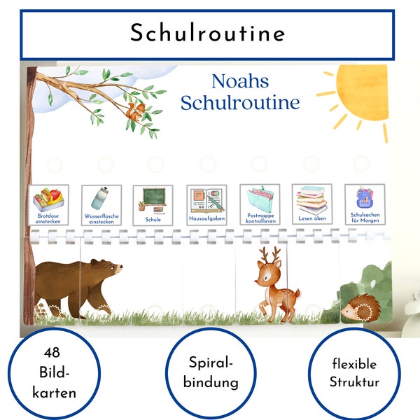 Routineplan "Bär und Reh" 48 Schulkind Routine Karten, personalisiert, Schultag flexibel planen, fördert Selbstständigkeit, Schulroutine