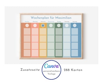 May include: A printable weekly planner with a colourful grid for scheduling activities. The planner is titled "Wochenplan für Maximilian" and features a blue star icon. The text "Canva" is visible in the lower right corner of the image.