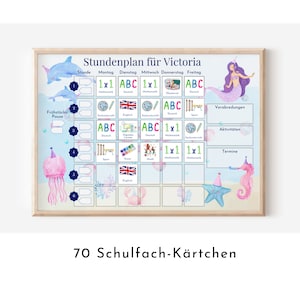 Stundenplan "Meerjungfrau"  mit 70 Schulfach Kärtchen, personalisiert für die Grundschule, laminiert, magnetisch, Geschenkidee Einschulung