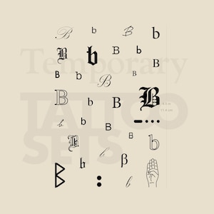 May include: A collection of black temporary tattoos featuring various stylized letter "B" designs. The set includes different fonts, sizes, and a Morse code representation. The image also includes a hand gesture and measures 4.5 inches (11.4 cm).