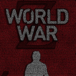 May include: A poster with the words "WORLD WAR" in large white letters. The background is a red color filled with small white text. A white silhouette of a person is in the center of the poster.