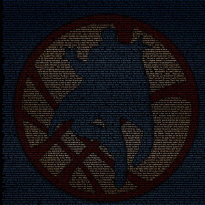 May include: A dark blue graphic with the words "Doctor Strange" in red, and a circular emblem at the centre. The emblem is red, yellow, and blue, and the background is filled with small text.