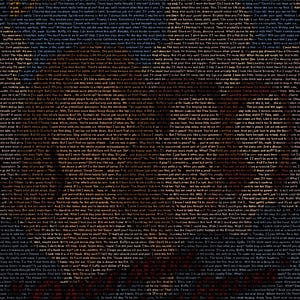 May include: A black poster with a silhouette formed from text in various colours. The text appears to be a script or story, with red and orange tones concentrated in the centre of the image.