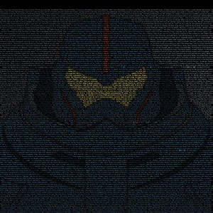 May include: A dark blue graphic featuring a robot's face, composed of text. Yellow eyes and a red stripe are visible. The words "PACIFIC RIM" are in white letters on a red circle at the bottom. The background is black.