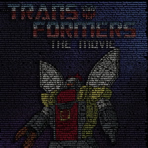 May include: A black background filled with text in various colors, forming a stylized image of a robot. The text appears to be a script or story, with words and phrases visible throughout the design. The overall theme is related to Transformers.